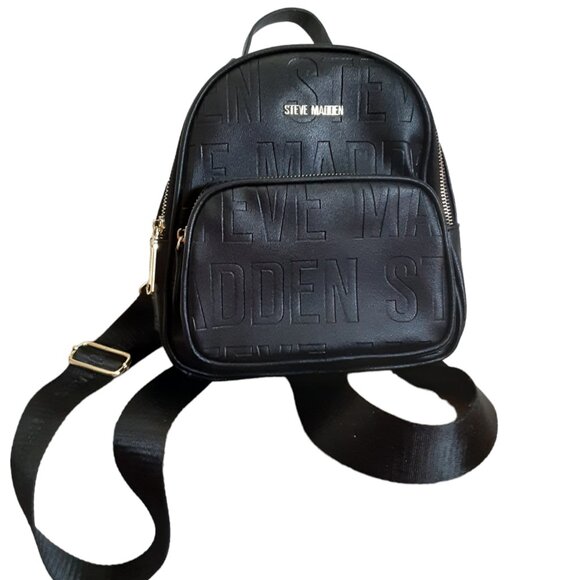 Steve Madden Mini Backpack Purse Black All Over Logo Faux Leather LN - Picture 2 of 5